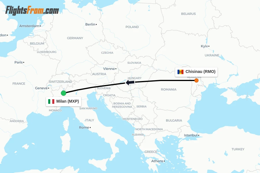 Flights from Chisinau to Milan route map