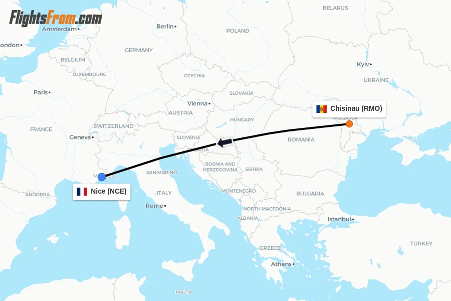Flights from Chisinau to Nice route map