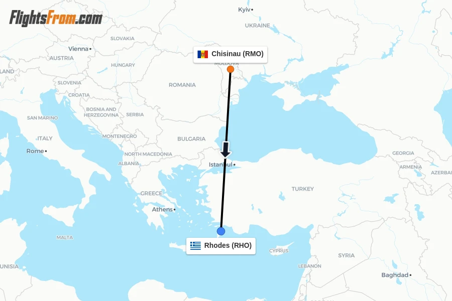 Flights from Chisinau to Rhodes route map