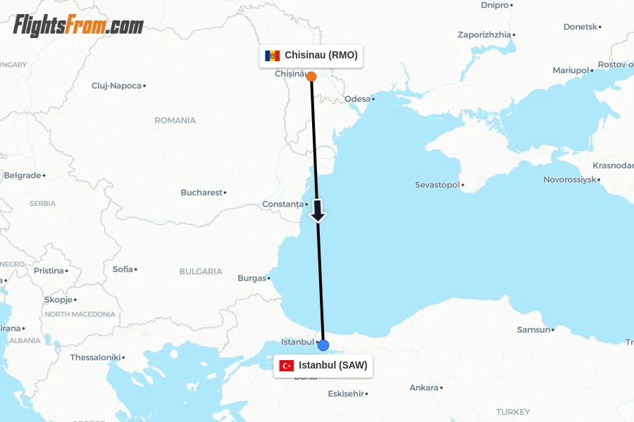 Flights from Chisinau to Istanbul route map