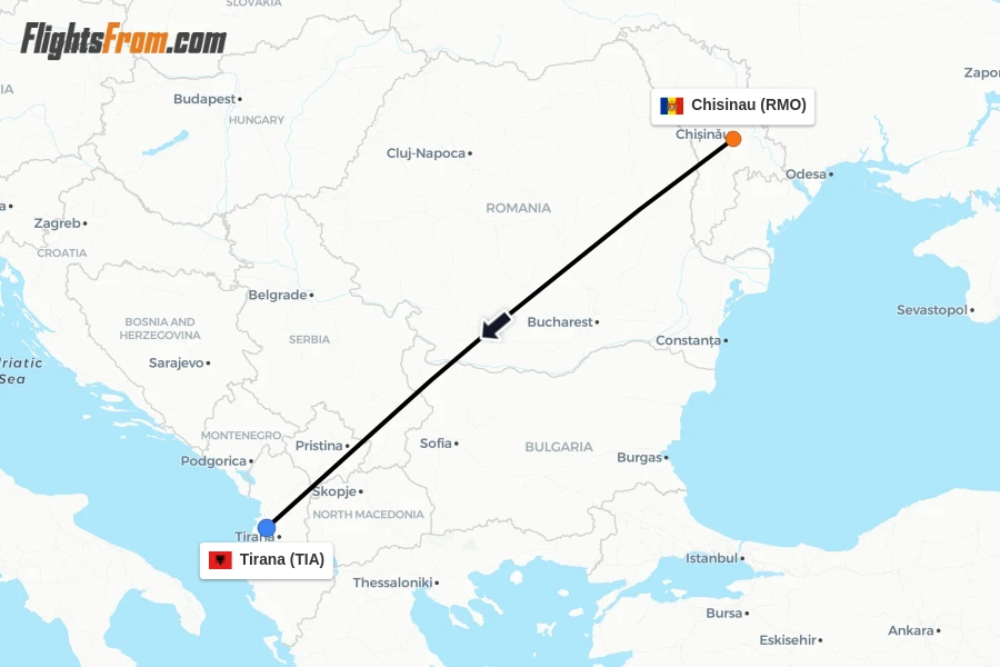 Flights from Chisinau to Tirana route map