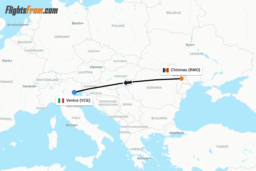 Flights from Chisinau to Venice route map