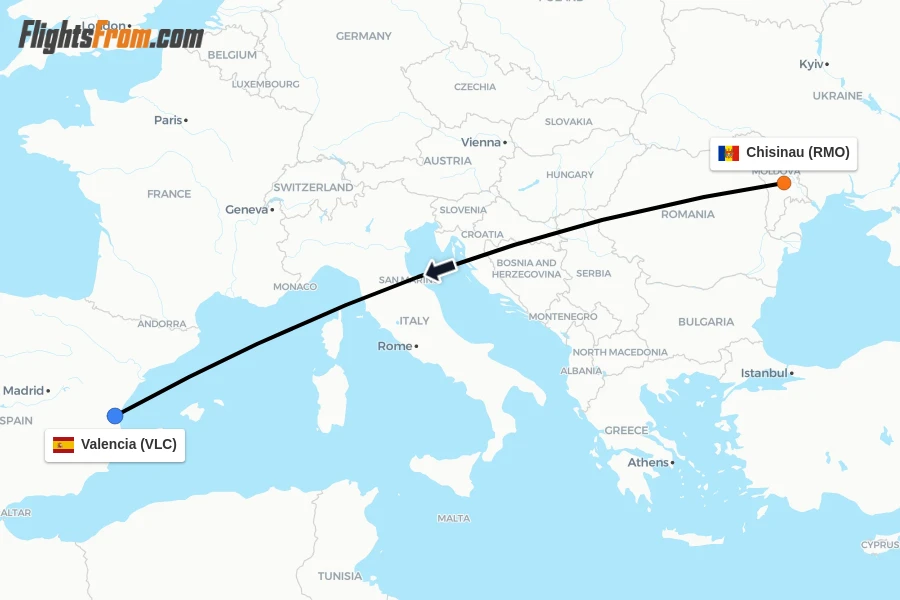 Flights from Chisinau to Valencia route map