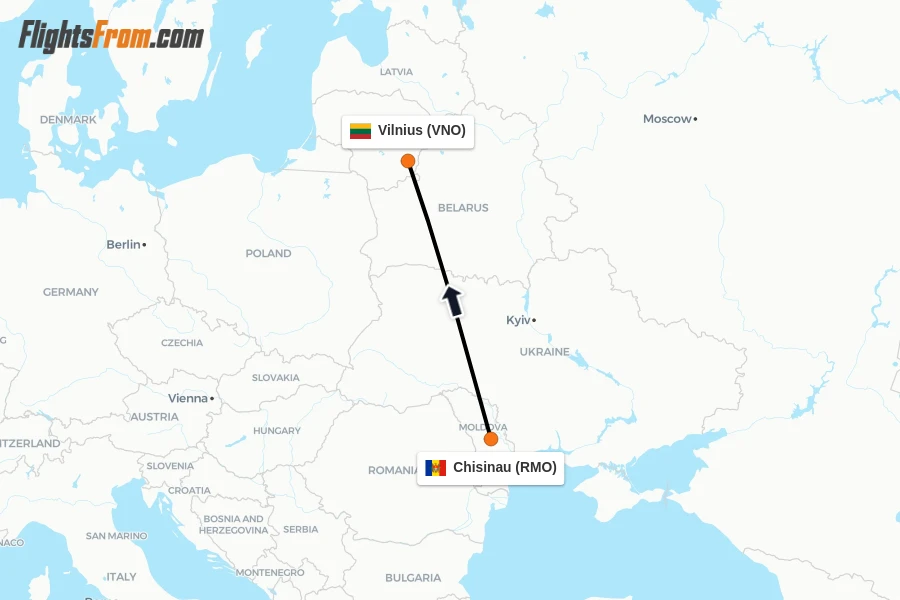 Flights from Chisinau to Vilnius route map