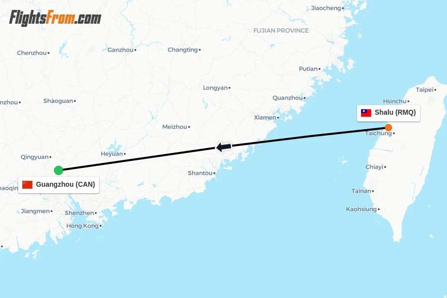 Flights from Shalu to Guangzhou route map