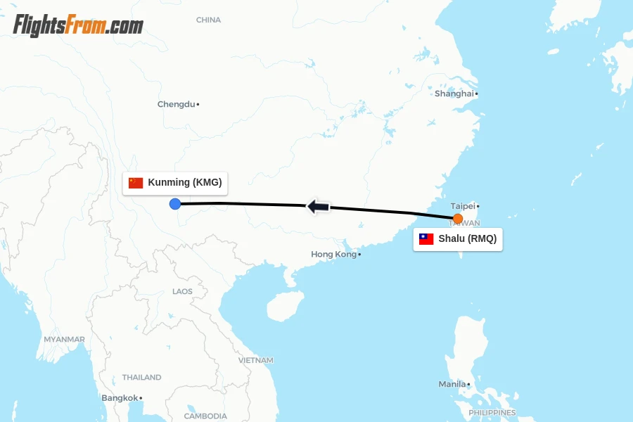 Flights from Shalu to Kunming route map