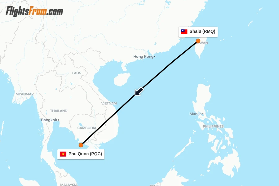 Flights from Shalu to Phu Quoc route map
