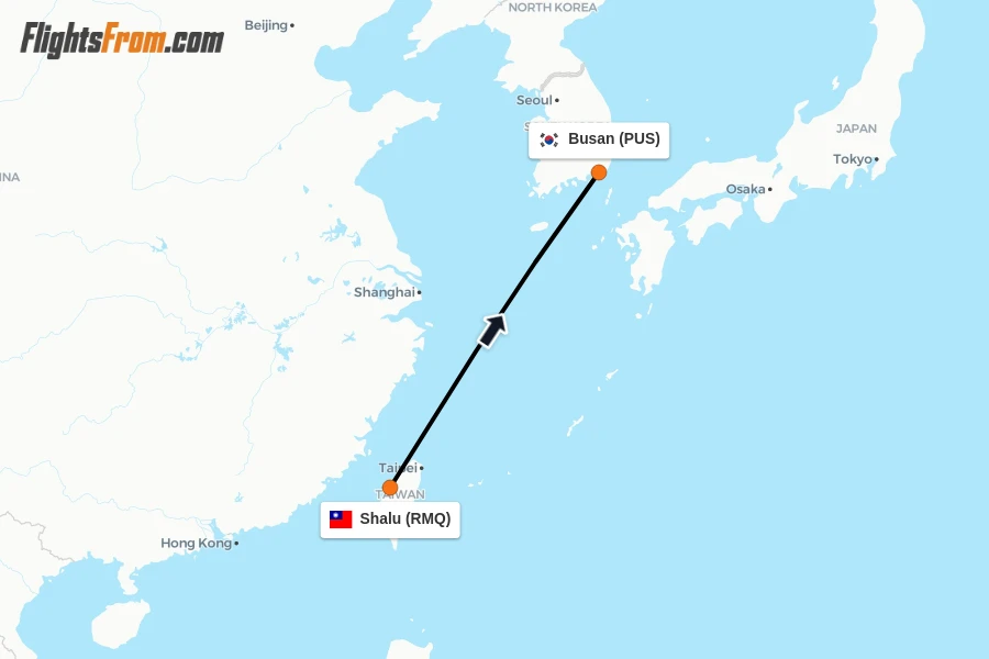Flights from Shalu to Busan route map