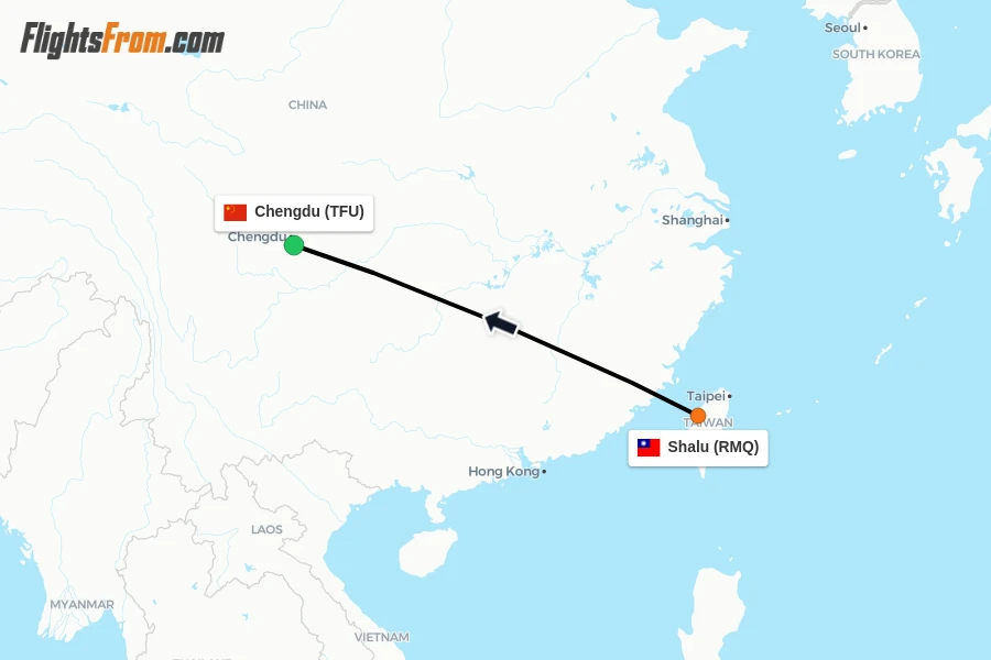 Flights from Shalu to Chengdu route map
