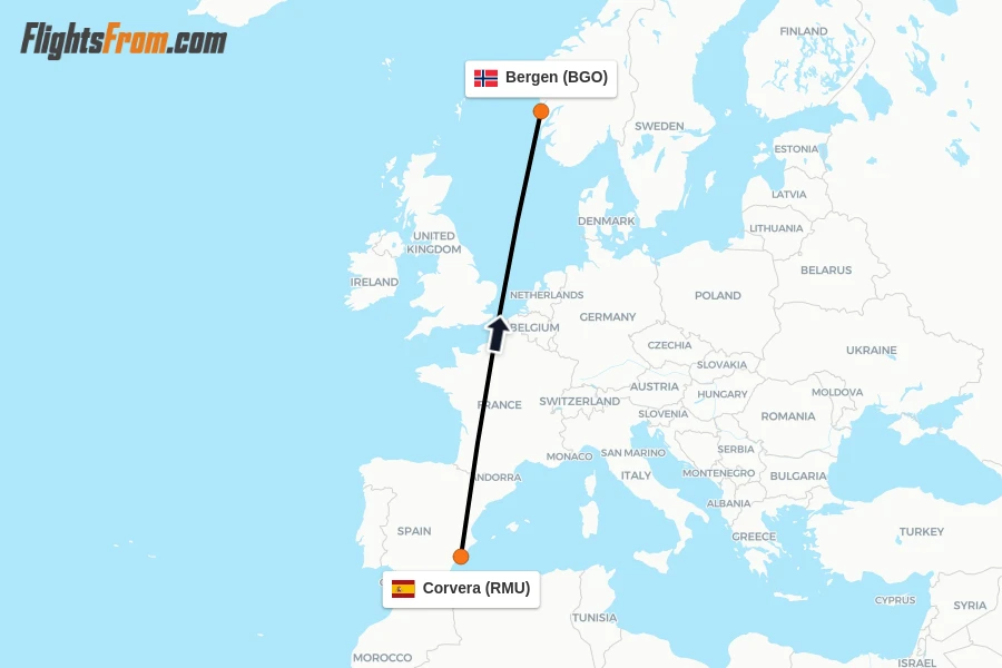 Flights from Corvera to Bergen route map
