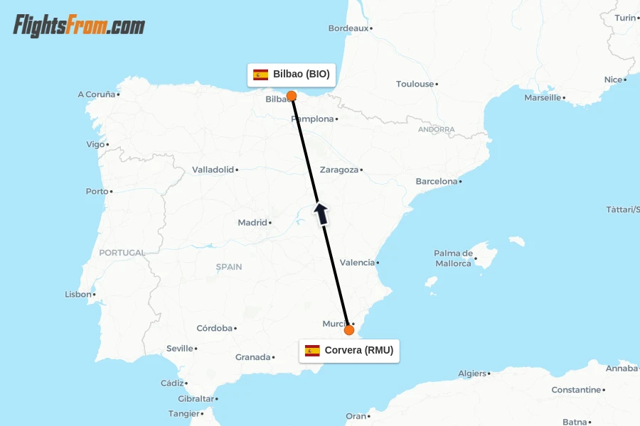 Flights from Corvera to Bilbao route map