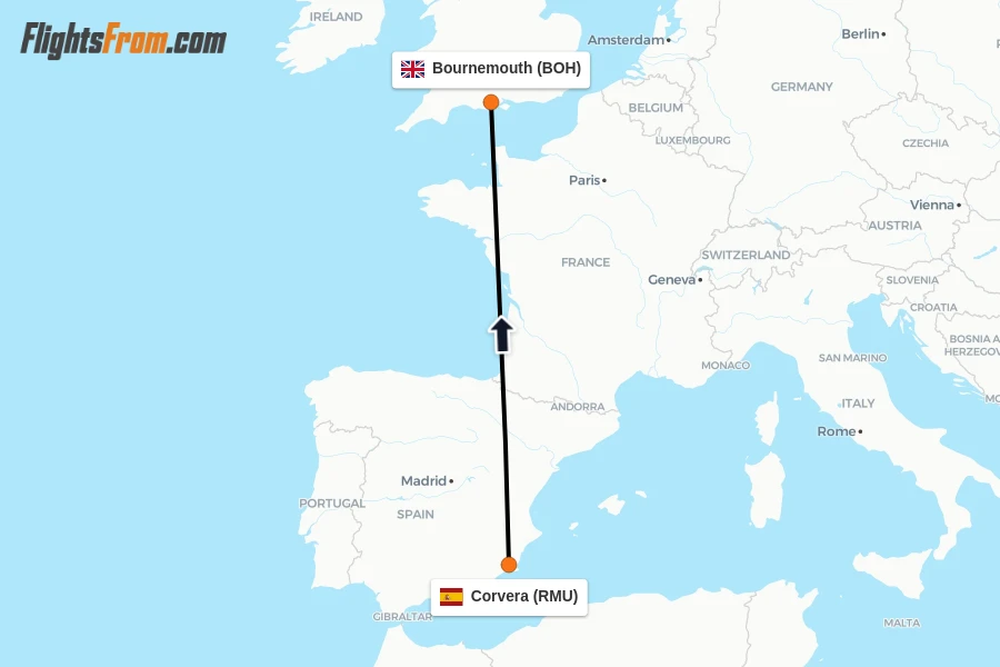 Flights from Corvera to Bournemouth route map