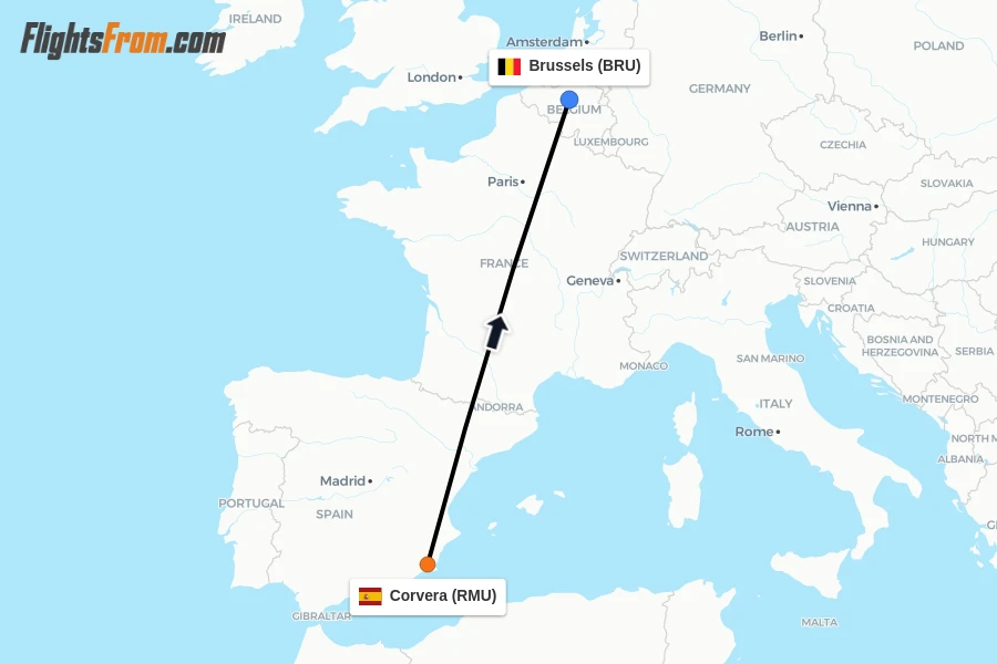 Flights from Corvera to Brussels route map