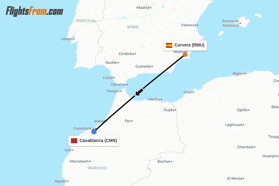 Flights from Corvera to Casablanca route map