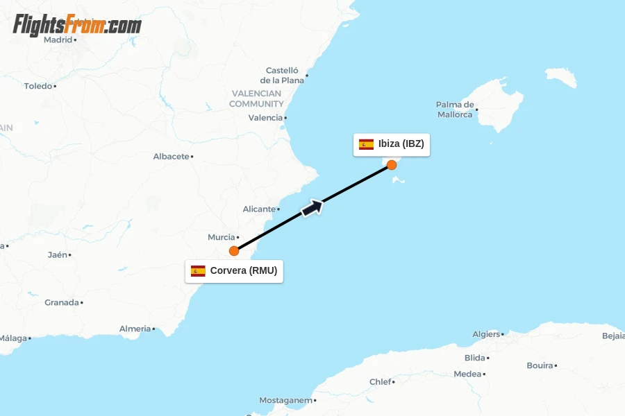 Flights from Corvera to Ibiza route map