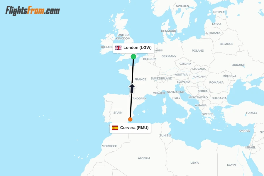 Flights from Corvera to London route map