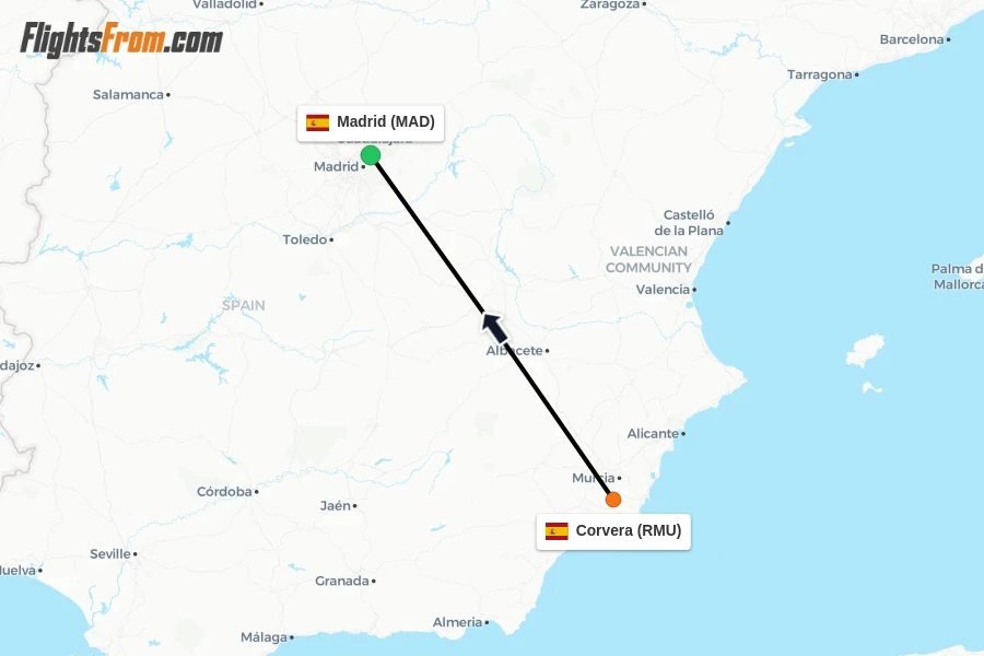 Flights from Corvera to Madrid route map