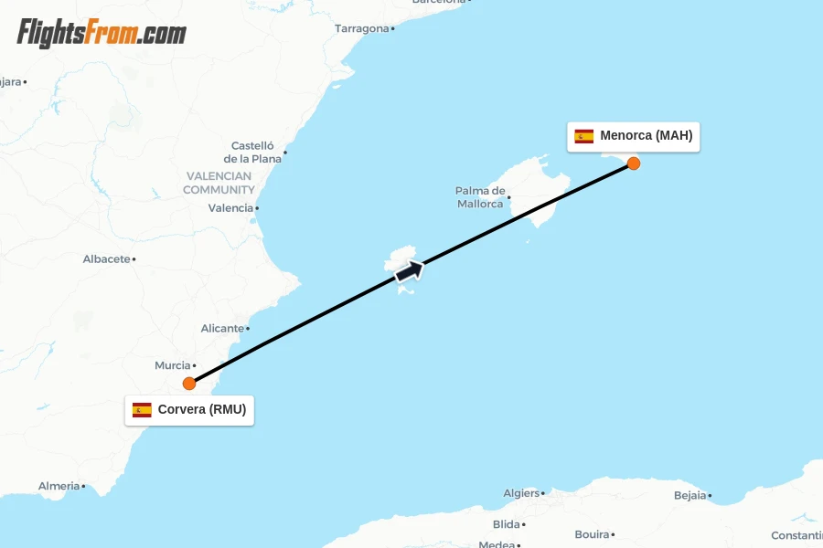 Flights from Corvera to Menorca route map