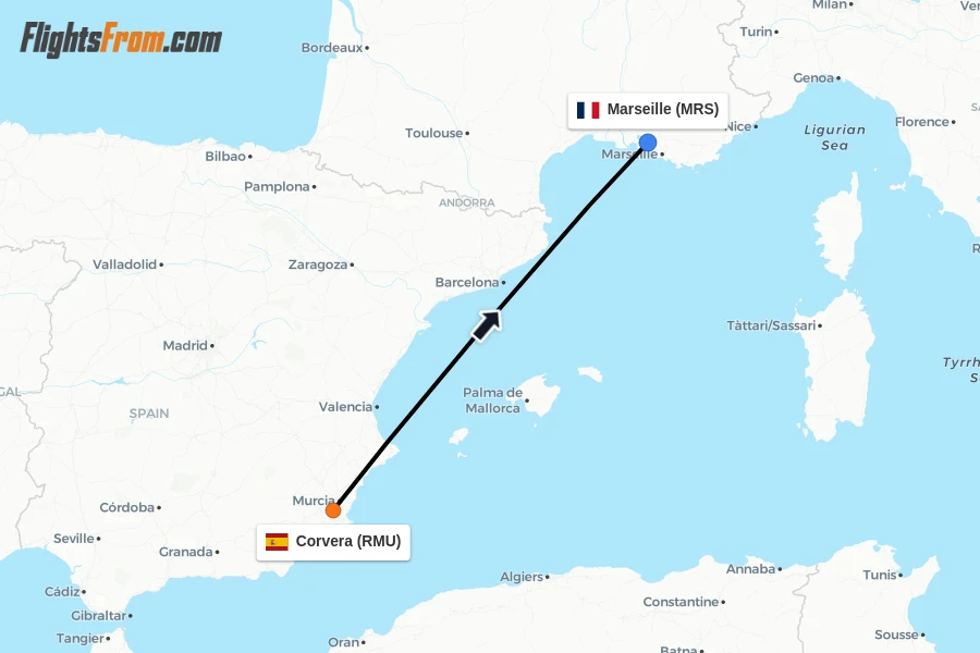 Flights from Corvera to Marseille route map