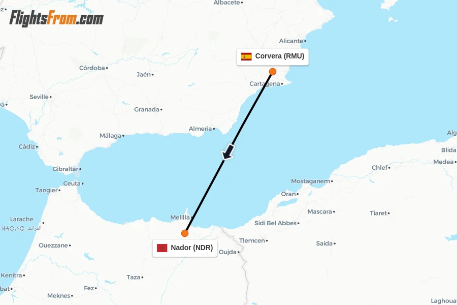 Flights from Corvera to Nador route map