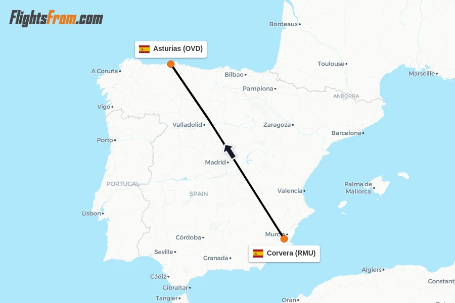 Flights from Corvera to Asturias route map