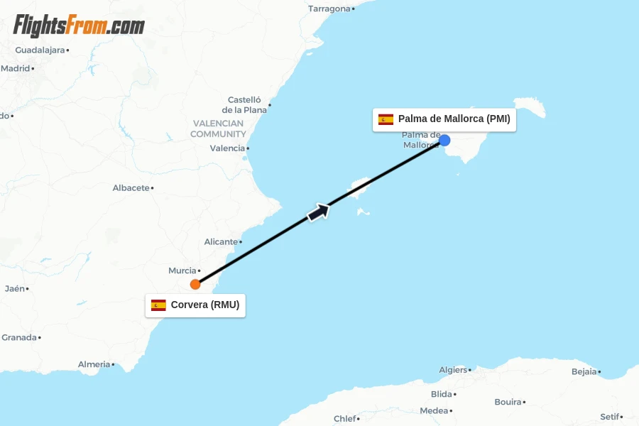Flights from Corvera to Palma de Mallorca route map