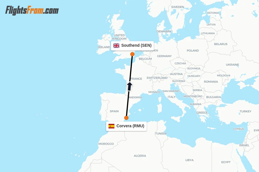 Flights from Corvera to Southend route map