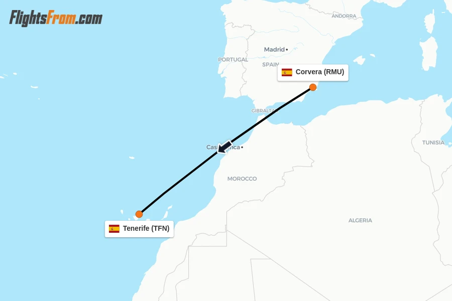 Flights from Corvera to Tenerife route map