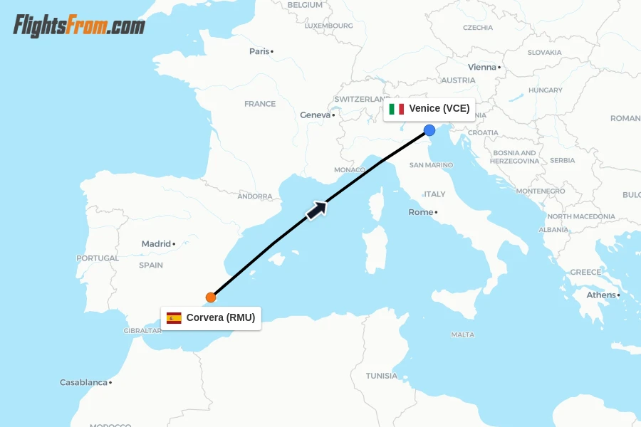 Flights from Corvera to Venice route map
