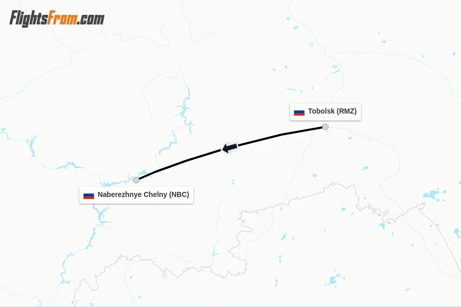 Flights from Tobolsk to Naberezhnye Chelny route map