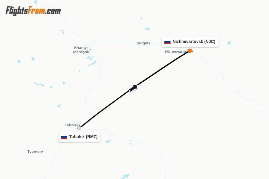 Flights from Tobolsk to Nizhnevartovsk route map