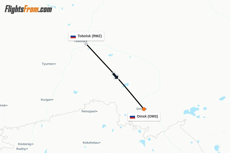 Flights from Tobolsk to Omsk route map