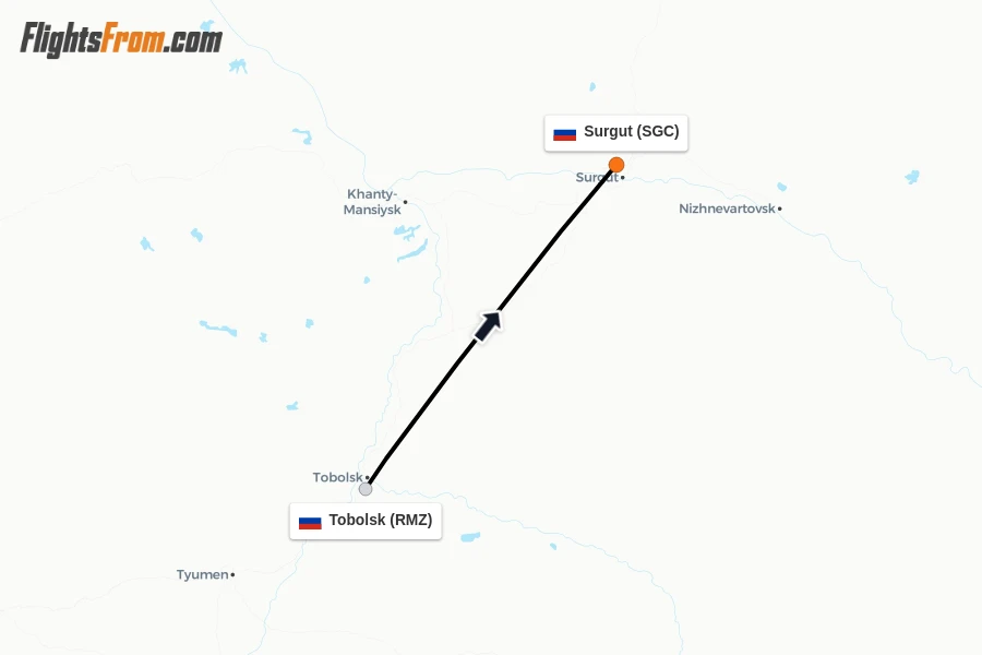 Flights from Tobolsk to Surgut route map