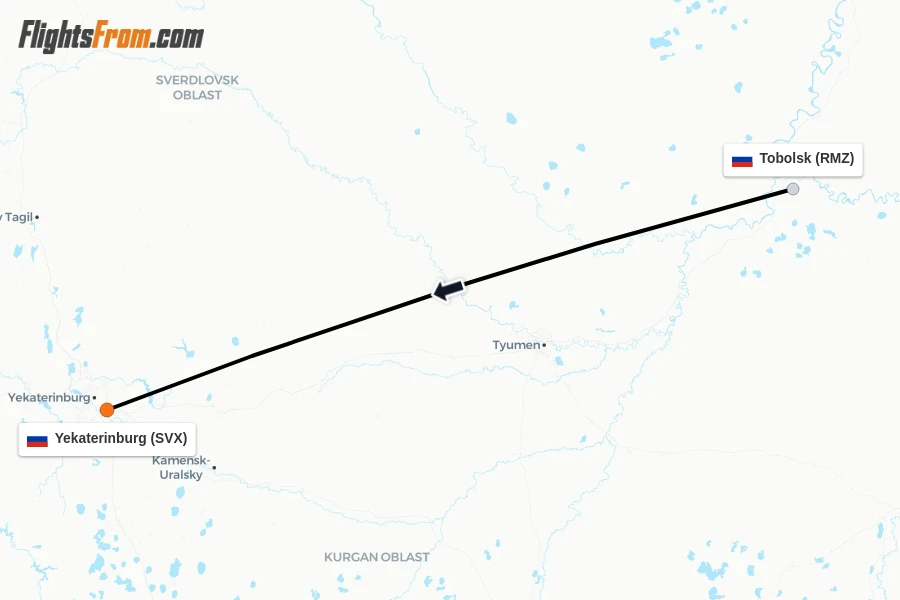 Flights from Tobolsk to Yekaterinburg route map