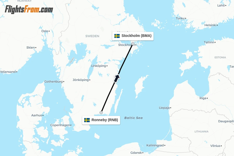 Flights from Ronneby to Stockholm route map