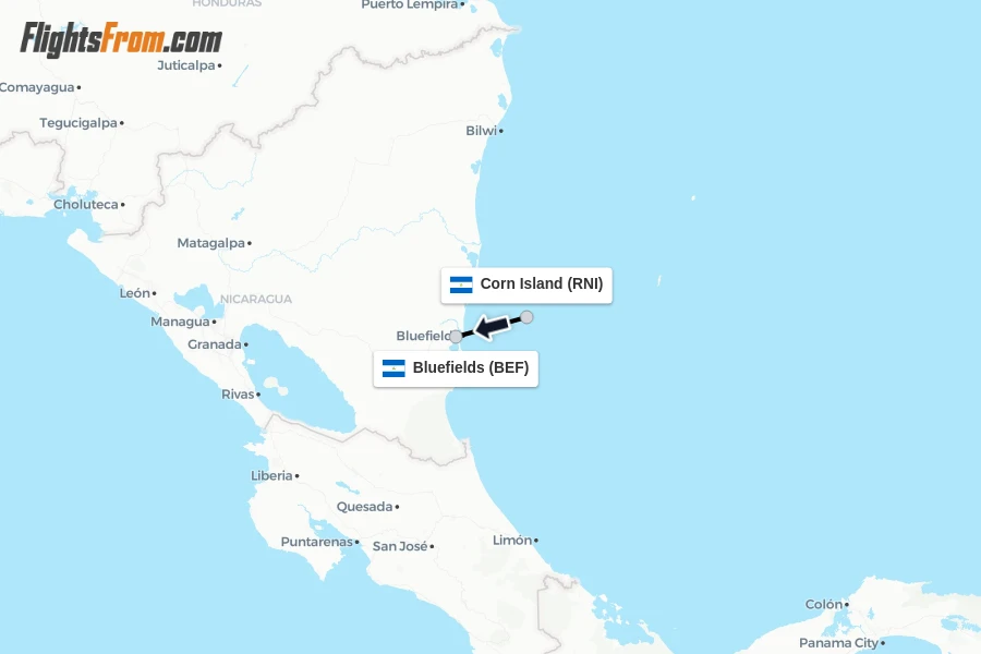 Flights from Corn Island to Bluefields route map