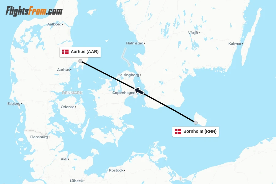 Flights from Bornholm to Aarhus route map