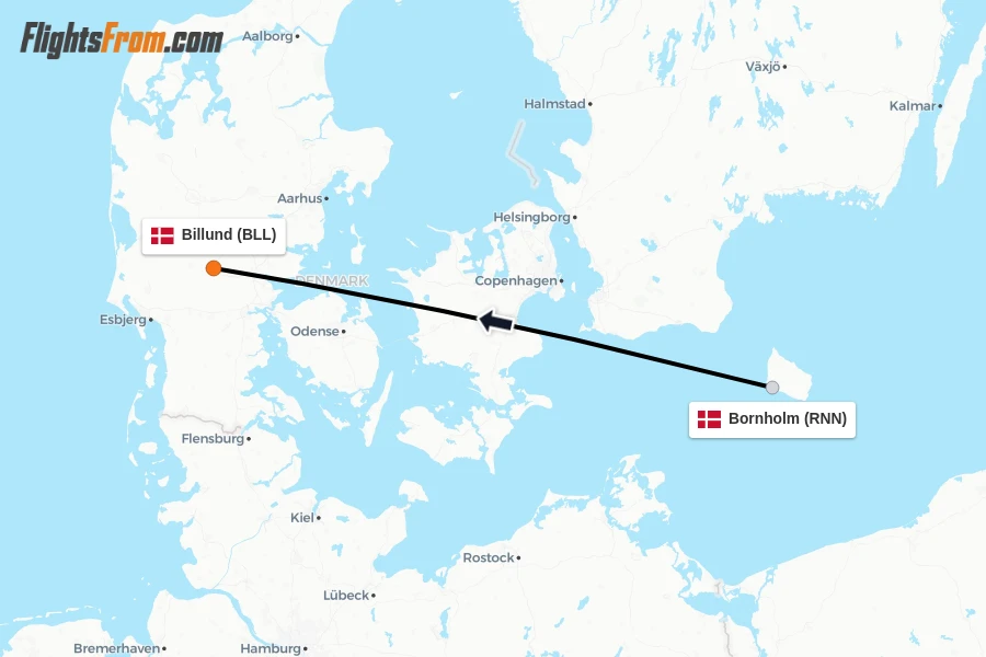 Flights from Bornholm to Billund route map