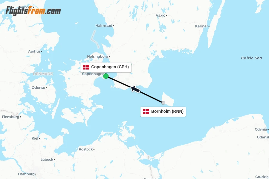 Flights from Bornholm to Copenhagen route map