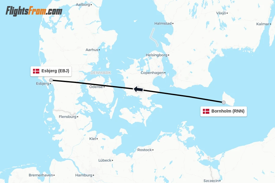 Flights from Bornholm to Esbjerg route map