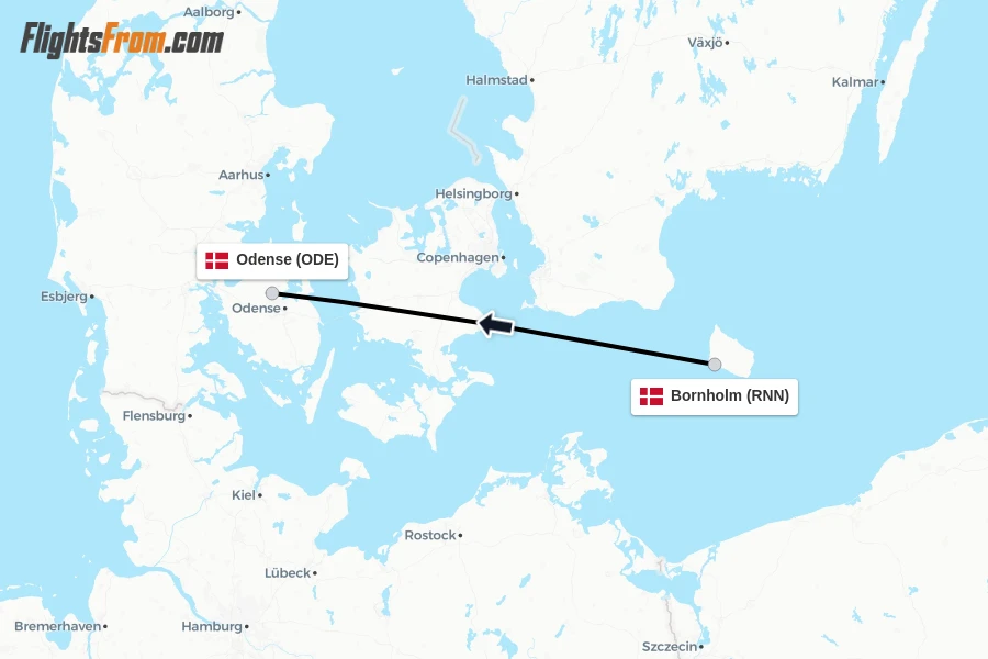 Flights from Bornholm to Odense route map