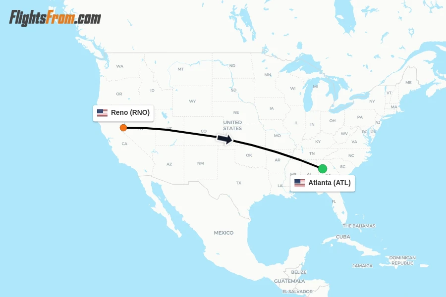 Flights from Reno to Atlanta route map