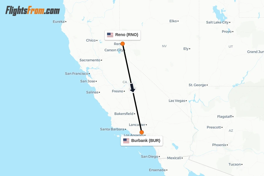 Flights from Reno to Burbank route map