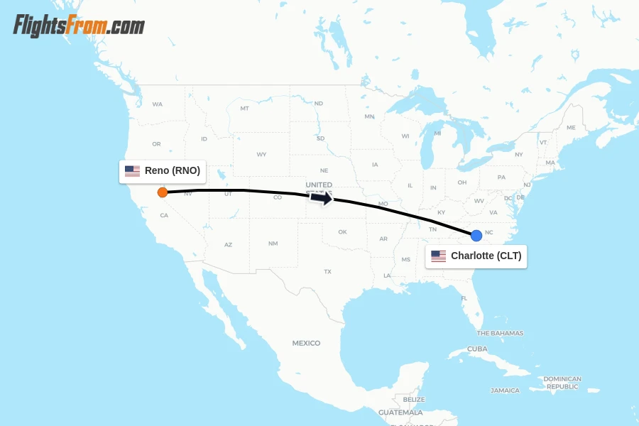 Flights from Reno to Charlotte route map