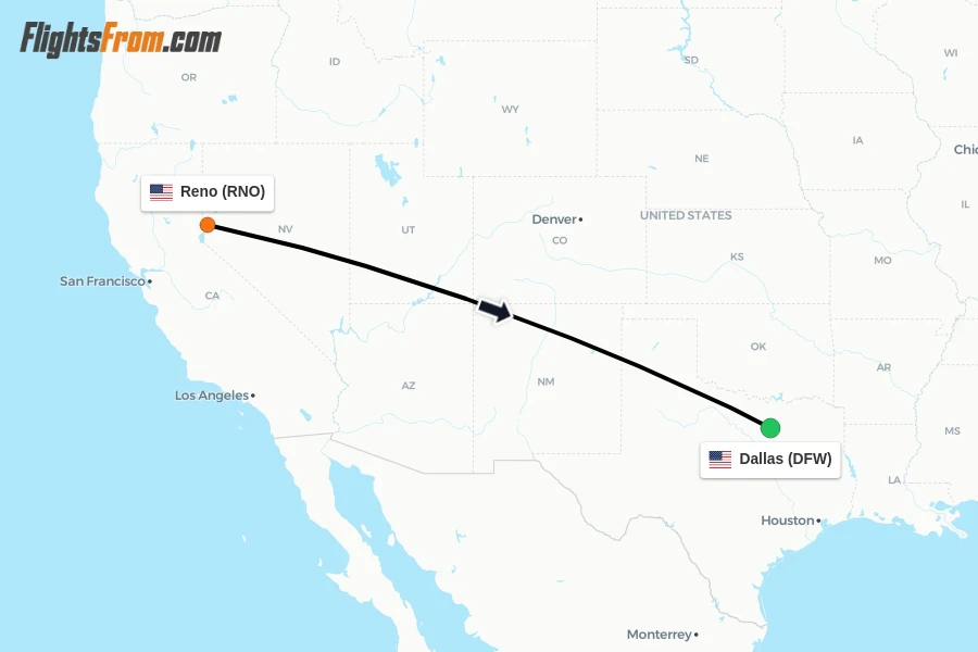 Flights from Reno to Dallas route map