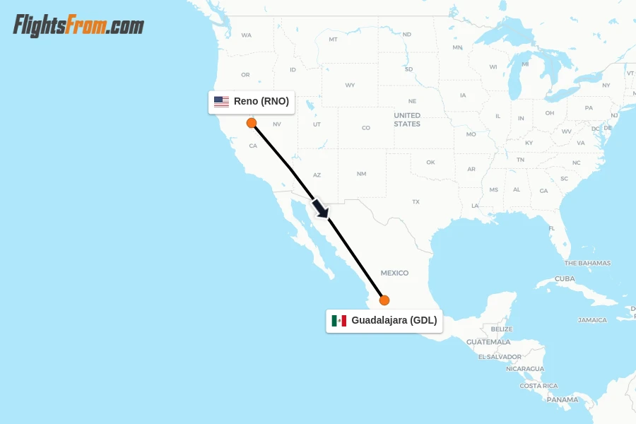 Flights from Reno to Guadalajara route map