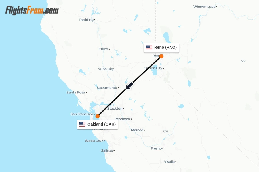 Flights from Reno to Oakland route map