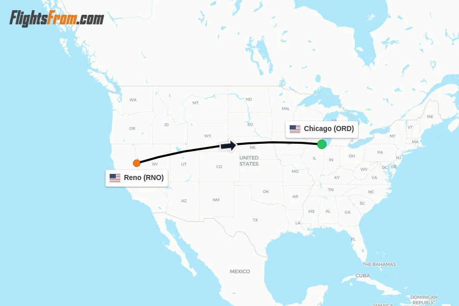 Flights from Reno to Chicago route map