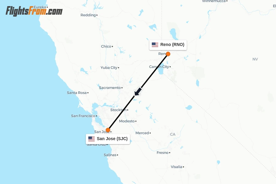 Flights from Reno to San Jose route map