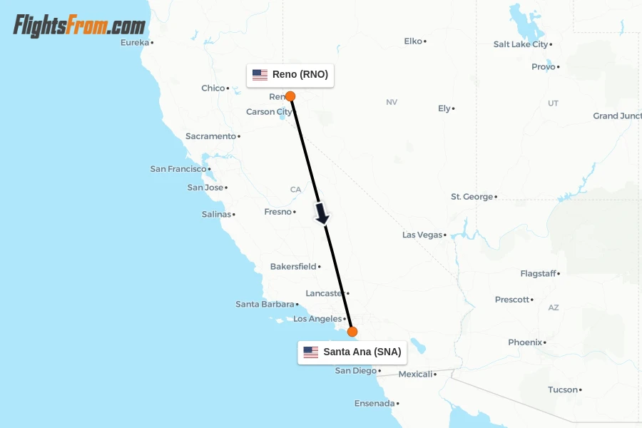 Flights from Reno to Santa Ana route map